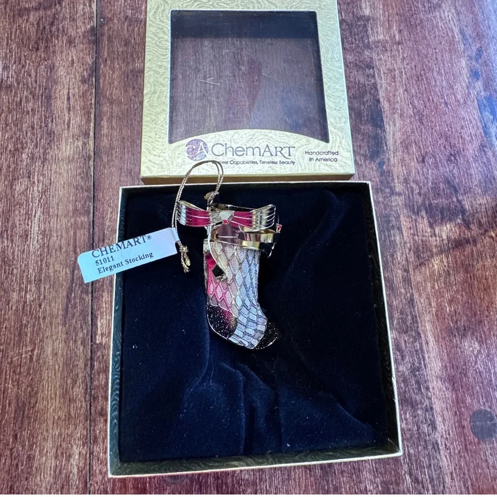 ChemArt Elegant Stocking Christmas Ornament 51011‎ Gold Tone Handcrafted USA Box